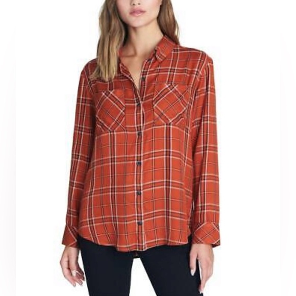 Sanctuary Tops - Sanctuary Women Large Plaid Orange Pocket Boyfriend Shirt Top Button NWT